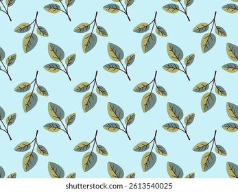 Charming seamless pattern of stylized leaves on a pastel blue background.  Perfect for textile design, wrapping paper, or website backgrounds.