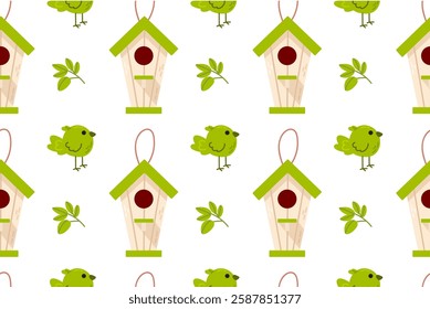 A charming seamless pattern of wooden birdhouses with green accents. Great for fabric, wallpaper, and springtime projects.