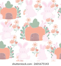Charming seamless rabbit pattern with bunnies and carrots. Perfect for wrapping, textiles