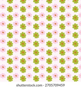 A charming, seamless retro floral vector pattern with green daisies and orange accents on a soft pink background, ideal for fabric, wallpaper, or digital use.
