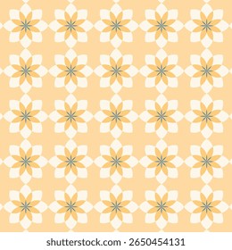 A charming seamless retro pattern featuring floral starburst motifs in peach, white, and mustard yellow tones. Ideal for textiles, wallpapers, stationery, and digital backdrops with a vintage vibe.