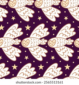 A charming seamless Scandinavian pattern featuring cute flying owls set against a mesmerizing starry sky. whimsical design captures the magic of night, ideal for textiles, wallpapers, childrens decor