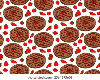 Charming seamless strawberry pie pattern, perfect for kitchen textiles, wrapping paper, recipes, bakery branding, and food-themed decor. Sweet and colorful.