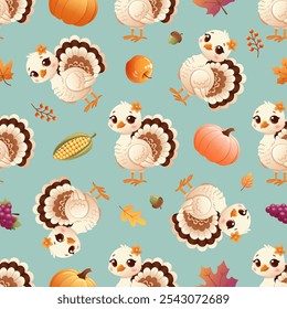 Charming seamless Thanksgiving pattern featuring cute cartoon turkeys, pumpkins, corn, apples, and autumn leaves 