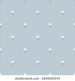 Charming seamless tileable pattern featuring small white floral motifs on a soft blue background, ideal for elegant fabric and interior designs.