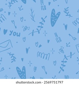 Charming seamless Valentine's Day pattern with hand-drawn hearts, keys, leaves, and romantic elements on a pastel blue background. Perfect for designs and wrapping paper.