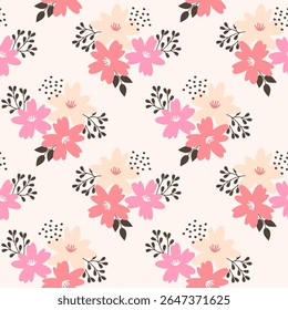 Charming seamless vector floral pattern with soft pink, peach, and cream colored flowers with dark brown leaves and dotted accents on a pale background. Design for fabric prints, wrapping paper.