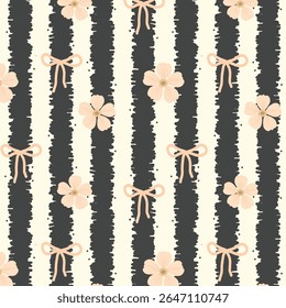 Um padrão de vetor sem emenda encantador com listras texturizadas alternadas, arcos delicados desenhados à mão e flores pastel macias. Ideal para tecido, papel de parede, decoração infantil e elegante embalagem de presente.