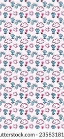 A charming seamless vector pattern featuring colorful flowers and a rainbow, perfect for creating cute backgrounds for smartphone apps, wallpapers, chat interfaces, and more