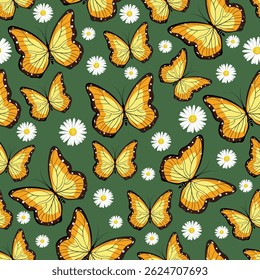 A charming seamless vector pattern featuring bright yellow butterflies and white daisy flowers on a lush green background. Perfect for spring and summer themed designs.