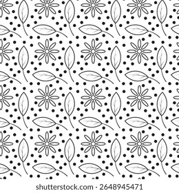 Um padrão de vetor sem emenda encantador com elementos florais contornados e delicados pontos polka, perfeito para design têxtil ou fundos digitais.