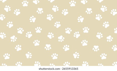 charming seamless vector pattern featuring adorable white paw prints on a soft, light beige background. Perfect for pet, baby, and textile designs
