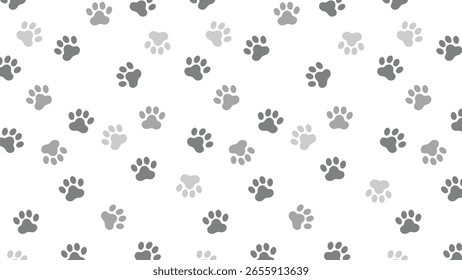 Charming seamless vector pattern featuring adorable white and gray paw prints on a soft, light white background. Perfect for pet, baby, and textile designs