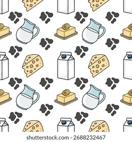 A charming seamless vector pattern featuring dairy products like milk, cheese, and butter, interspersed with playful cow spots on a white background.