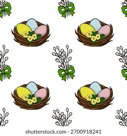 Um padrão de vetor sem emenda encantador com elementos tradicionais da Páscoa, como ninhos com ovos de cor pastel e delicadas flores amarelas, ao lado de tiras de salgueiro-buceta adornado com verde...