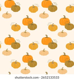 Charming seamless vector pattern with multicolored pumpkins on a soft cream background. Perfect for autumn designs, Thanksgiving themes, seasonal packaging, fabric prints, scrapbooking and crafts.