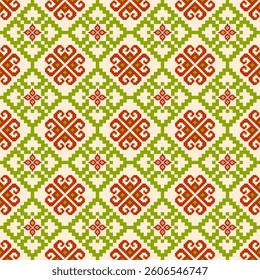 Charming seamless vector pattern with swirling floral motifs in red and green on cream. Perfect for textile, wallpaper, craft projects, and rustic decor with a cozy folk style.