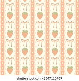 Charming padrão de vetor sem emenda com morangos vintage-estilo e arcos no fundo listrado. Ideal para têxteis, embrulho de presente, produtos infantis e aplicações decorativas nostálgicas.