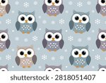 Charming seamless winter pattern features sweet cartoon owls and white snowflakes on a soft light blue background.