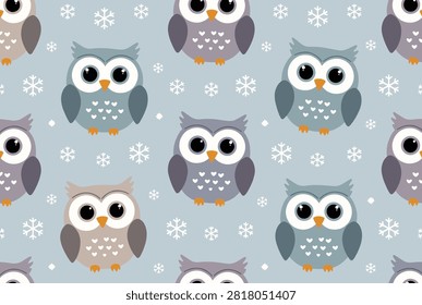 Charming seamless winter pattern features sweet cartoon owls and white snowflakes on a soft light blue background.