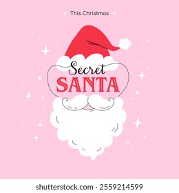 Charming Secret Santa banner or invitation design. Modern vector illustration of a Santa's hat and beard with stars and beautiful typography on pink background