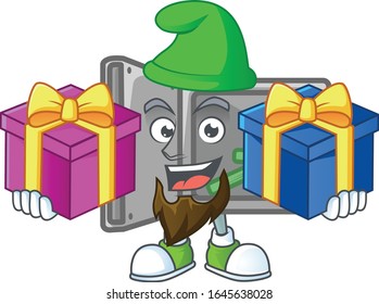 A charming security box open cartoon mascot style with two boxes of gifts