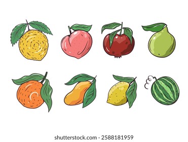 A charming selection of hand-drawn fruits, showcasing vibrant lemons, juicy peaches, and refreshing watermelon