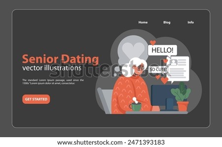 Charming senior woman enjoys online dating, receiving warm messages and heart-filled compliments from potential partners. Flat vector illustration