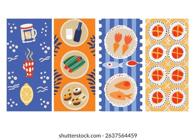 A charming series of vector postage stamp illustrations inspired by the vibrant summer scenes of the Italian and French Mediterranean coasts. These stamps blend nostalgic vintage design with modern ve