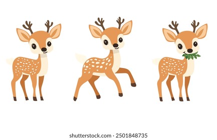 A charming set of baby deer illustrations in a cute cartoon style. The deer are depicted in different poses, including standing, walking, and nibbling on leaves.