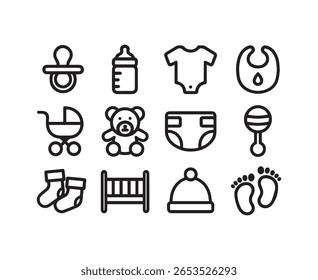 A charming set of baby icons featuring essential items like pacifiers rattles and more Perfect for illustrating baby care products or announcements