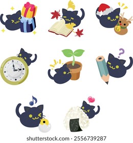 A charming set of black cat icons full of adorable expressions!