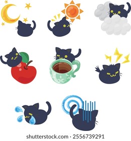 A charming set of black cat icons full of adorable expressions!