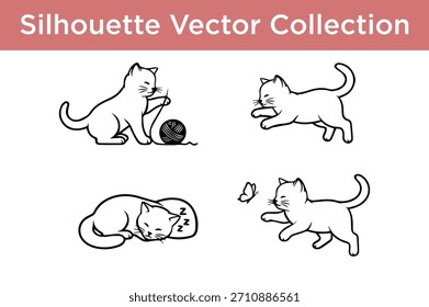 Eine charmante Reihe von Schwarz-Weiß-Katzensilhouetten, die verschiedene Katzenaktivitäten darstellen, wie das Spielen mit Garn, Springen, Schlafen und Jagen eines Schmetterlings.