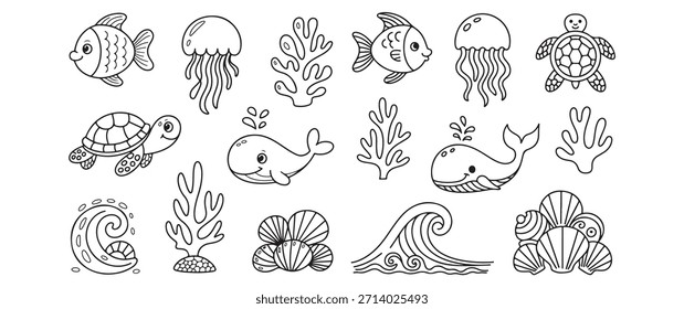 Un encantador conjunto de ilustraciones en blanco y negro que representan varias criaturas marinas y plantas submarinas.