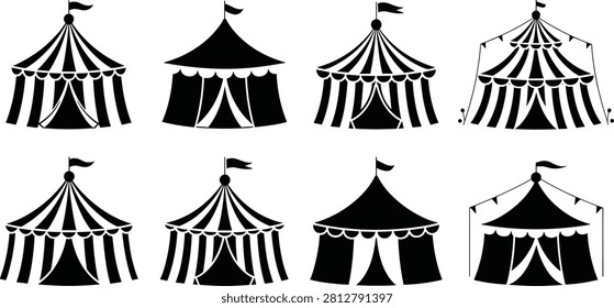 Charming set of black and white silhouettes showing traditional circus tents with striped patterns, flags, and garlands. Great for event decor and themes.
