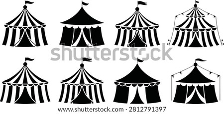 Charming set of black and white silhouettes showing traditional circus tents with striped patterns, flags, and garlands. Great for event decor and themes.