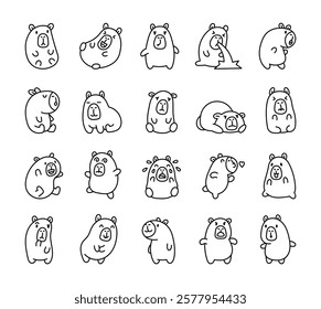 Charming set of capybara illustrations showcasing a variety of emotions and poses, with adorable kawaii cartoon characters expressing joy, sadness, curiosity, and more in unique and playful designs.