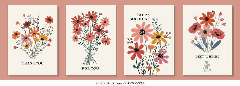 A charming set of cards with bouquets of flowers in a minimalist style. Each card has a simple and heartfelt message: Thank you, For you, Happy Birthday, and Best Wishes. Covers for design.