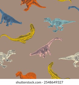 Encantador Conjunto de Desenhos Animados Dinossauro no Fundo Rosa Padrão Sem Costura. Fóssil Animal Pré-Histórico. Vetor