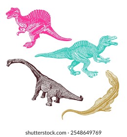 Encantador Conjunto de Desenhos Animados Dinossauro no Fundo Rosa Padrão Sem Costura. Fóssil Animal Pré-Histórico. Vetor