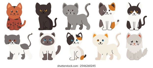 A charming set of cartoon-style cat illustrations featuring various breeds and colors, perfect for pet-themed designs and projects.