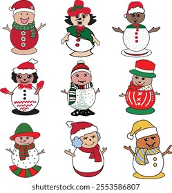 A charming set of Christmas snowman clip art with joyful designs, perfect for holiday crafts, cards, and decorations. Add a festive touch to any project!