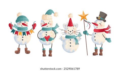 A charming set of Christmas snowmen wearing scarves and hats, adorned with various decorations like garlands, stars, and hearts, all illustrated in a delightful watercolor style. Perfect for holiday