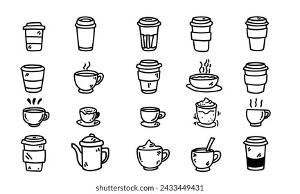 Encantador conjunto de garabatos de café. Esbozos artesanales en negro audaz