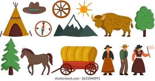 charmoso conjunto coleção isolados elementos pioneiros do dia, incluindo animais transporte natureza figuras pessoas temas históricos ocidentais