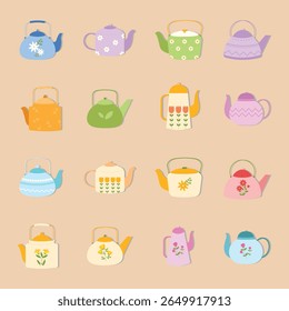 Um charmoso conjunto de chaleiras coloridas e vintage em estilo plano desenhado à mão - perfeito para desenhos de festas de chá, adesivos e ilustrações com temas de cozinha.

