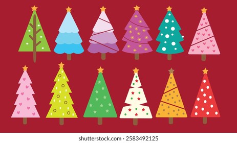 A charming set of cute Christmas trees, adorned with colorful ornaments, twinkling lights, and festive touches. Perfect for adding a joyful, holiday spirit to any design or project this season.