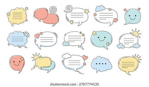 Un encantador conjunto de bonitas burbujas de discurso dibujadas a mano en colores pastel con líneas para texto y decoradas con Elementos caprichosos.