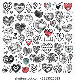 Charming set of doodle heart illustrations with hand-drawn elements. The set of sense of warmth, love, and creativity